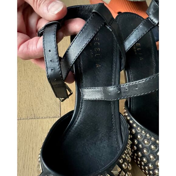 Cecelia New York Birdie Heels Sz 8.5 Black Gold Studded Peep-Toe Ankle Strap - Picture 7 of 13